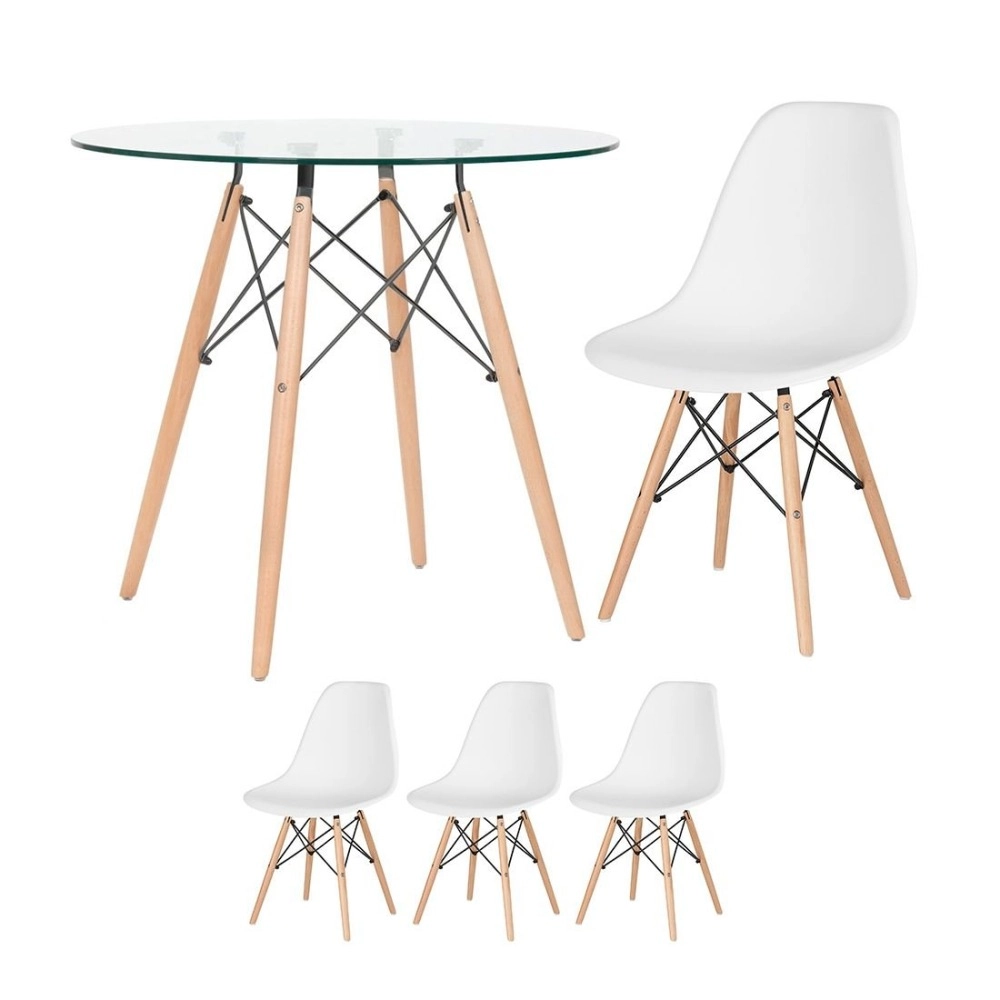 Mesa Eames com tampo de vidro 80 cm + 3 cadeiras Eiffel Dsw Branco Mesa Eames com tampo de vidro 80 cm + 3 cadeiras Eiffel Dsw Branco