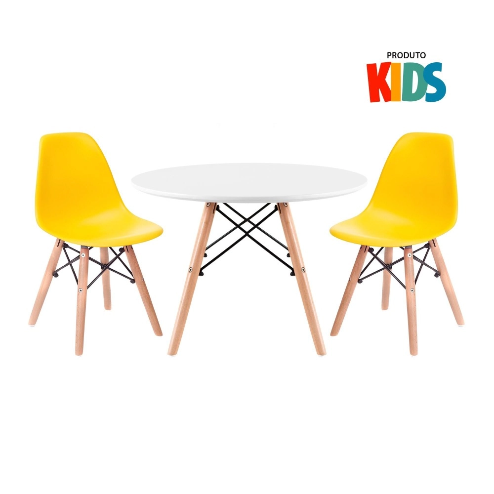Mesa Eames Junior branco + 2 cadeiras Eames Junior - Amarelo Mesa Eames Junior branco + 2 cadeiras Eames Junior - Amarelo
