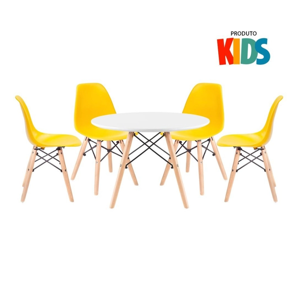 Mesa Eames Junior branco + 4 cadeiras Eames Junior - Amarelo Mesa Eames Junior branco + 4 cadeiras Eames Junior - Amarelo