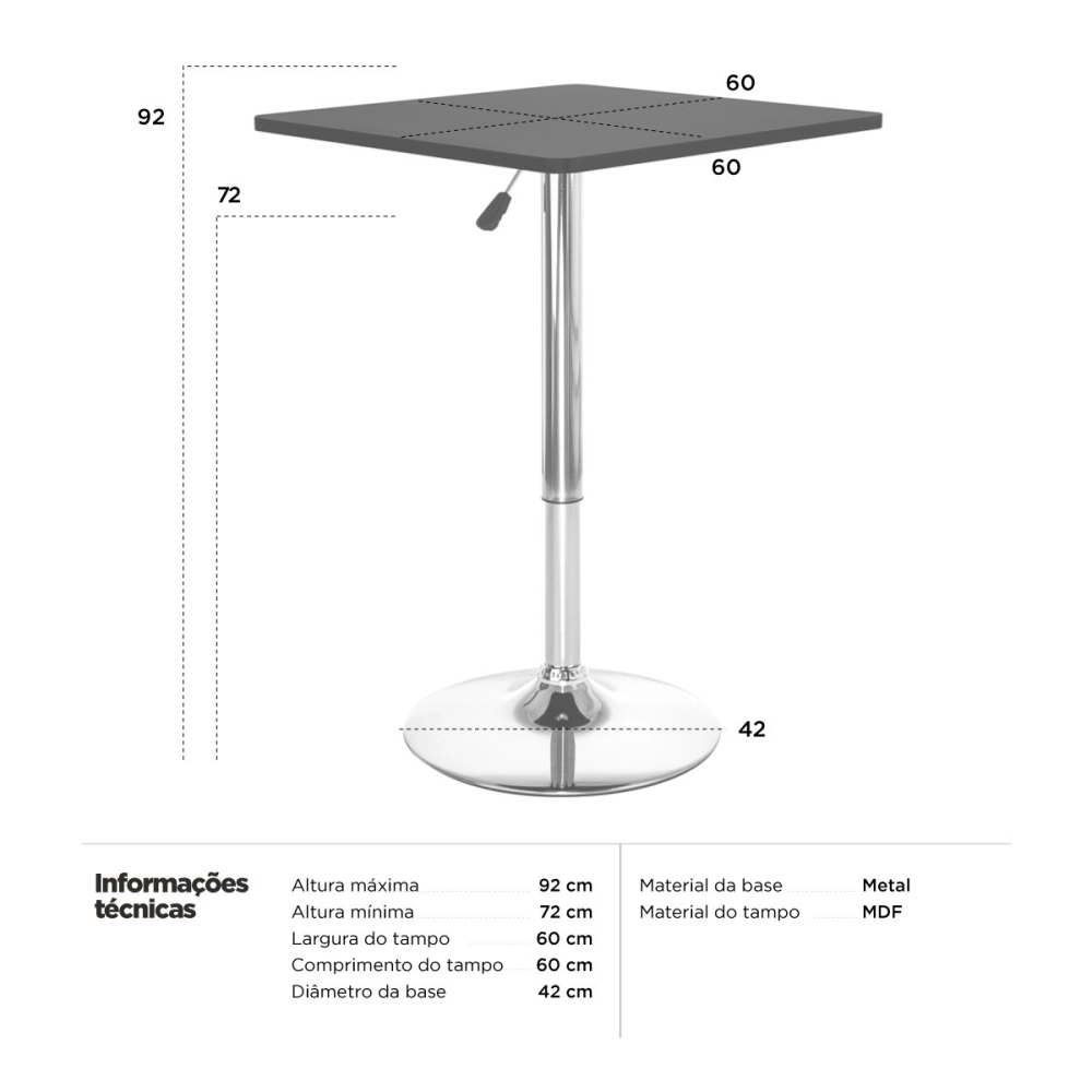 Mesa Quadrada Alta Apollo com tampo de madeira e ajustável para bares e restaurantes - Preto