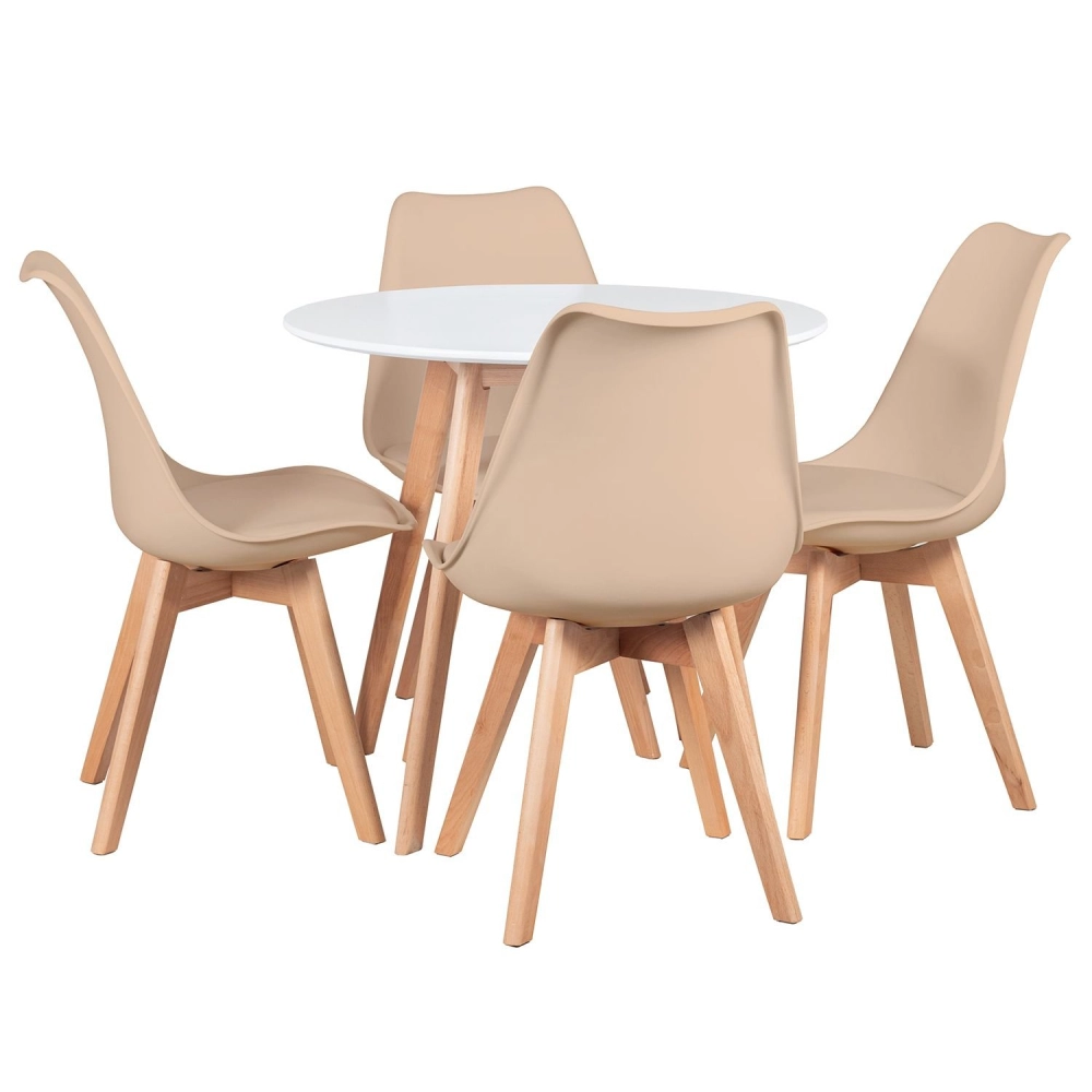 Mesa redonda 80 cm preto + 4 cadeiras estofadas Leda - Nude