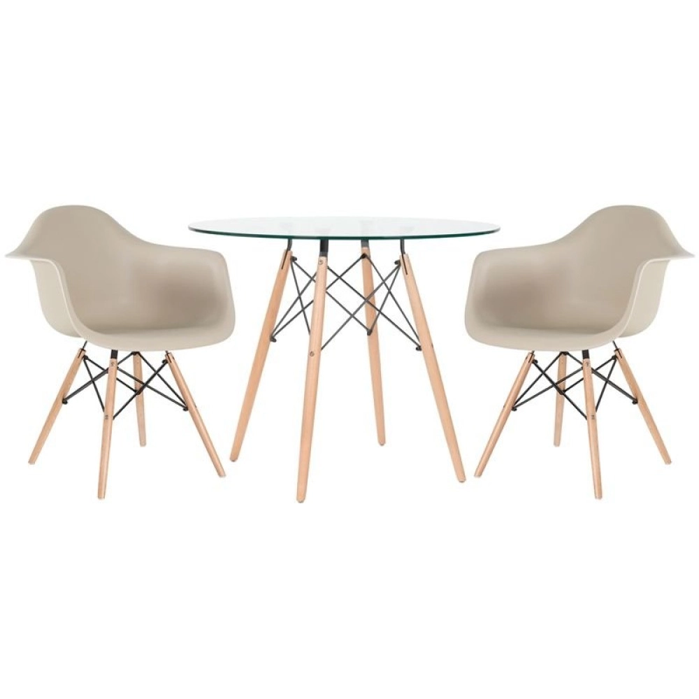 Mesa Redonda de Vidro Eames 90 cm + 2 Cadeiras Eames Eiffel DAW - Nude Mesa Redonda de Vidro Eames 90 cm + 2 Cadeiras Eames Eiffel DAW - Nude