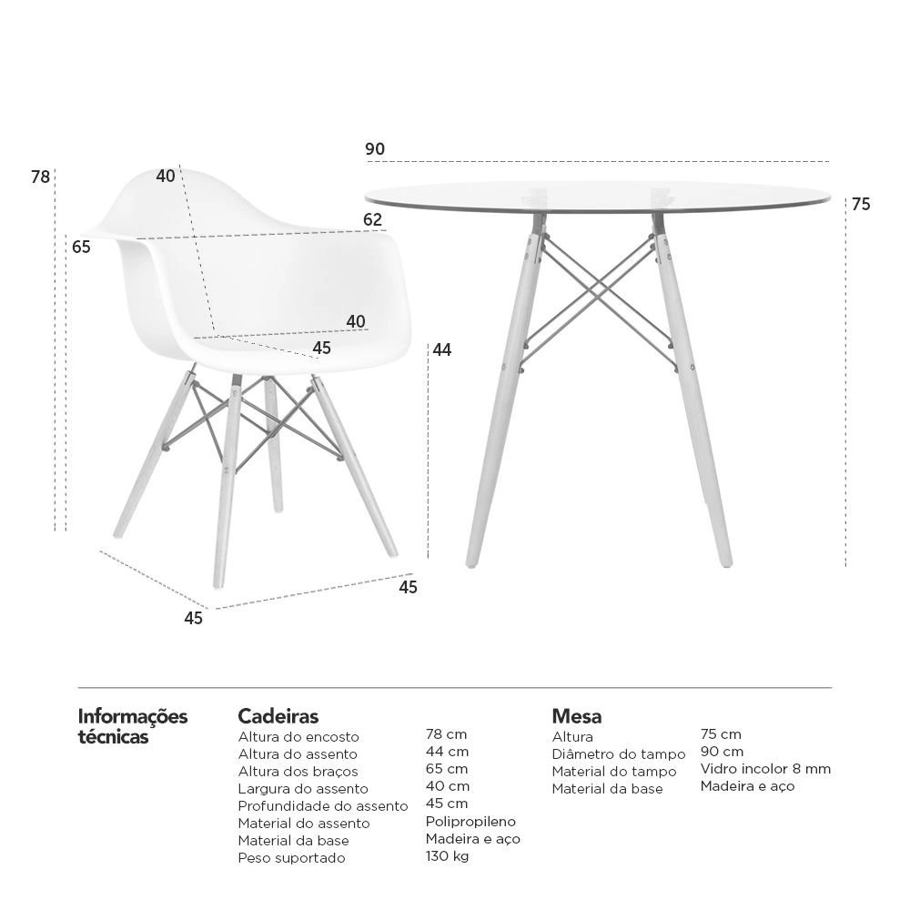 Mesa Redonda de Vidro Eames 90 cm + 4 Cadeiras Eames Eiffel DAW - Nude Mesa Redonda de Vidro Eames 90 cm + 4 Cadeiras Eames Eiffel DAW - Nude