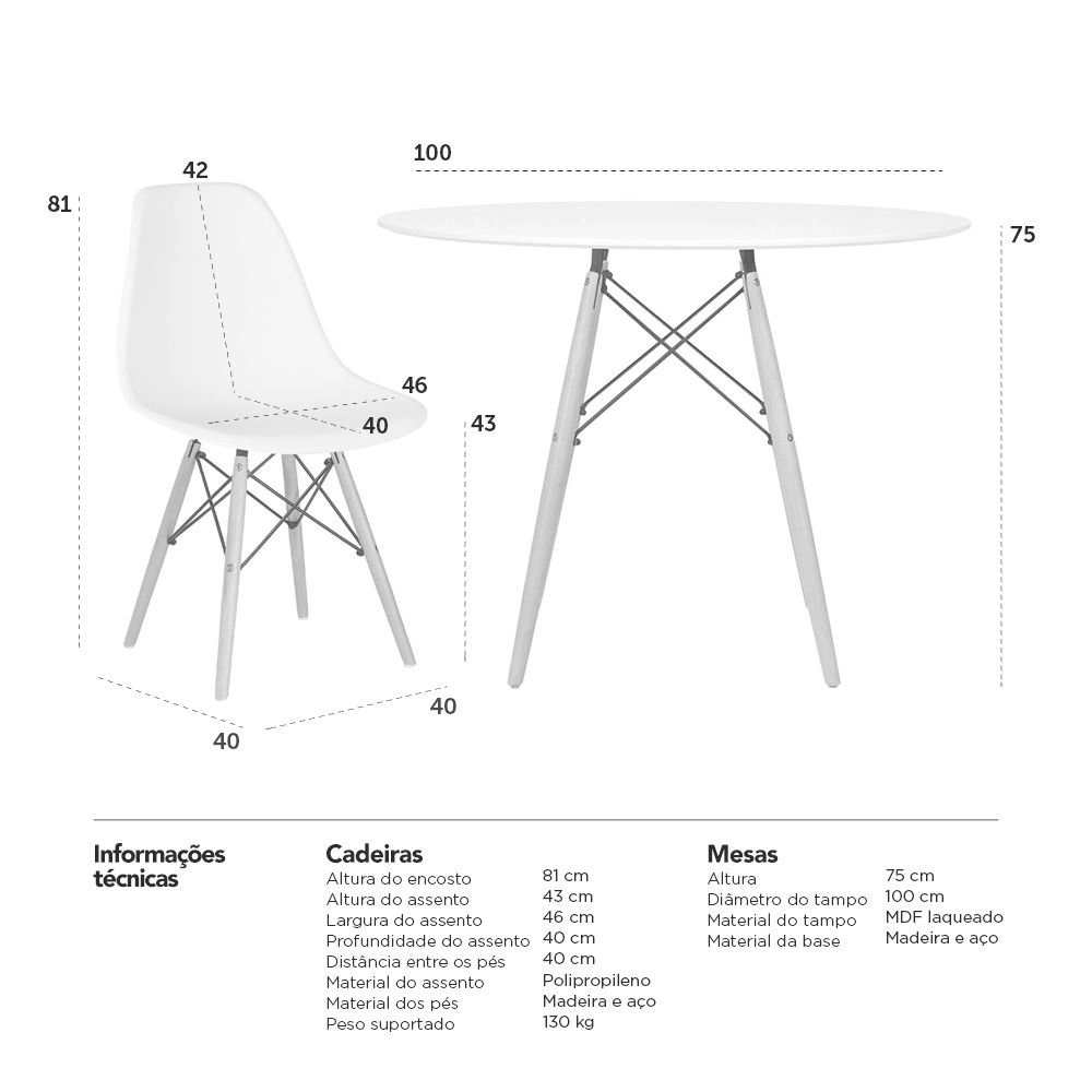 Mesa redonda Eames 100 cm branco + 2 cadeiras Eiffel Dsw - Branco Mesa redonda Eames 100 cm branco + 2 cadeiras Eiffel Dsw - Branco