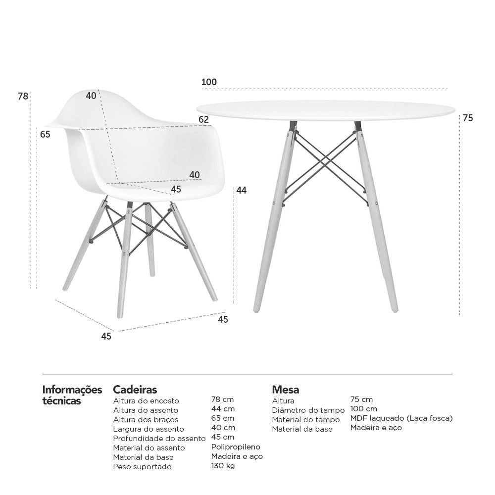 Mesa redonda Eames 100 cm branco + 3 cadeiras Eiffel DAW - Branco Mesa redonda Eames 100 cm branco + 3 cadeiras Eiffel DAW - Branco