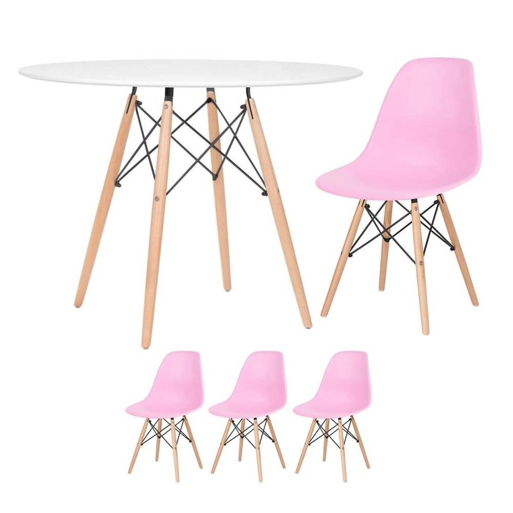 Mesa redonda Eames 100 cm branco + 3 cadeiras Eiffel DSW Rosa claro Mesa redonda Eames 100 cm branco + 3 cadeiras Eiffel DSW Rosa claro