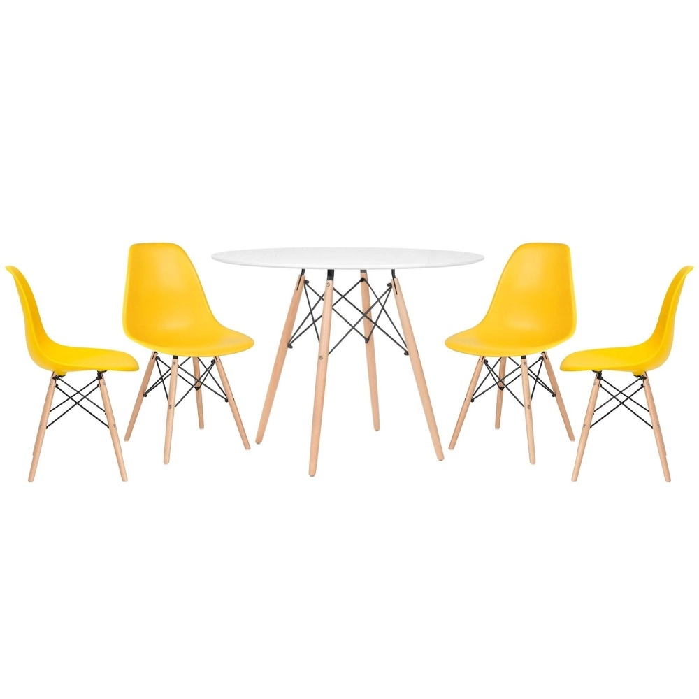 Mesa redonda Eames 100 cm branco + 4 cadeiras Eiffel DSW - Amarelo Mesa redonda Eames 100 cm branco + 4 cadeiras Eiffel DSW - Amarelo