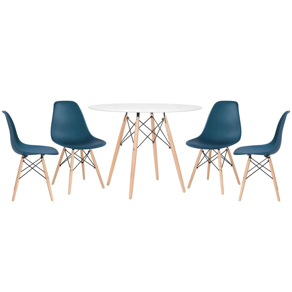 Mesa redonda Eames 100 cm branco + 4 cadeiras Eiffel DSW - Azul Petróleo Mesa redonda Eames 100 cm branco + 4 cadeiras Eiffel DSW - Azul Petróleo