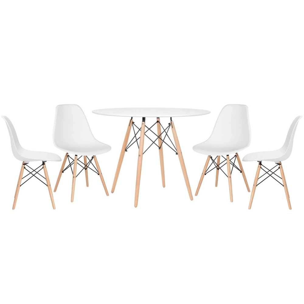 Mesa redonda Eames 100 cm branco + 4 cadeiras Eiffel DSW - Branco Mesa redonda Eames 100 cm branco + 4 cadeiras Eiffel DSW - Branco