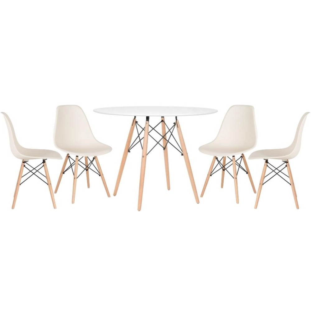 Mesa redonda Eames 100 cm branco + 4 cadeiras Eiffel DSW - Creme Mesa redonda Eames 100 cm branco + 4 cadeiras Eiffel DSW - Creme