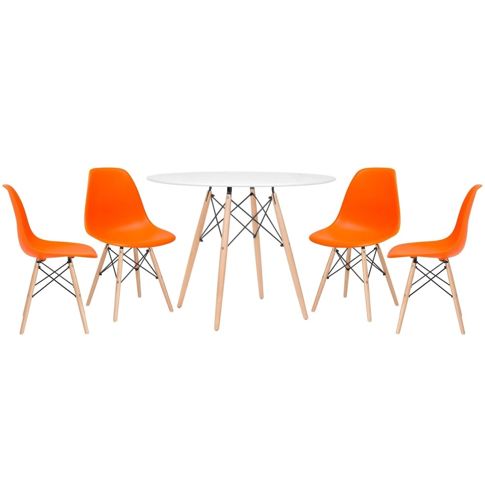 Mesa redonda Eames 100 cm branco + 4 cadeiras Eiffel DSW - Laranja Mesa redonda Eames 100 cm branco + 4 cadeiras Eiffel DSW - Laranja