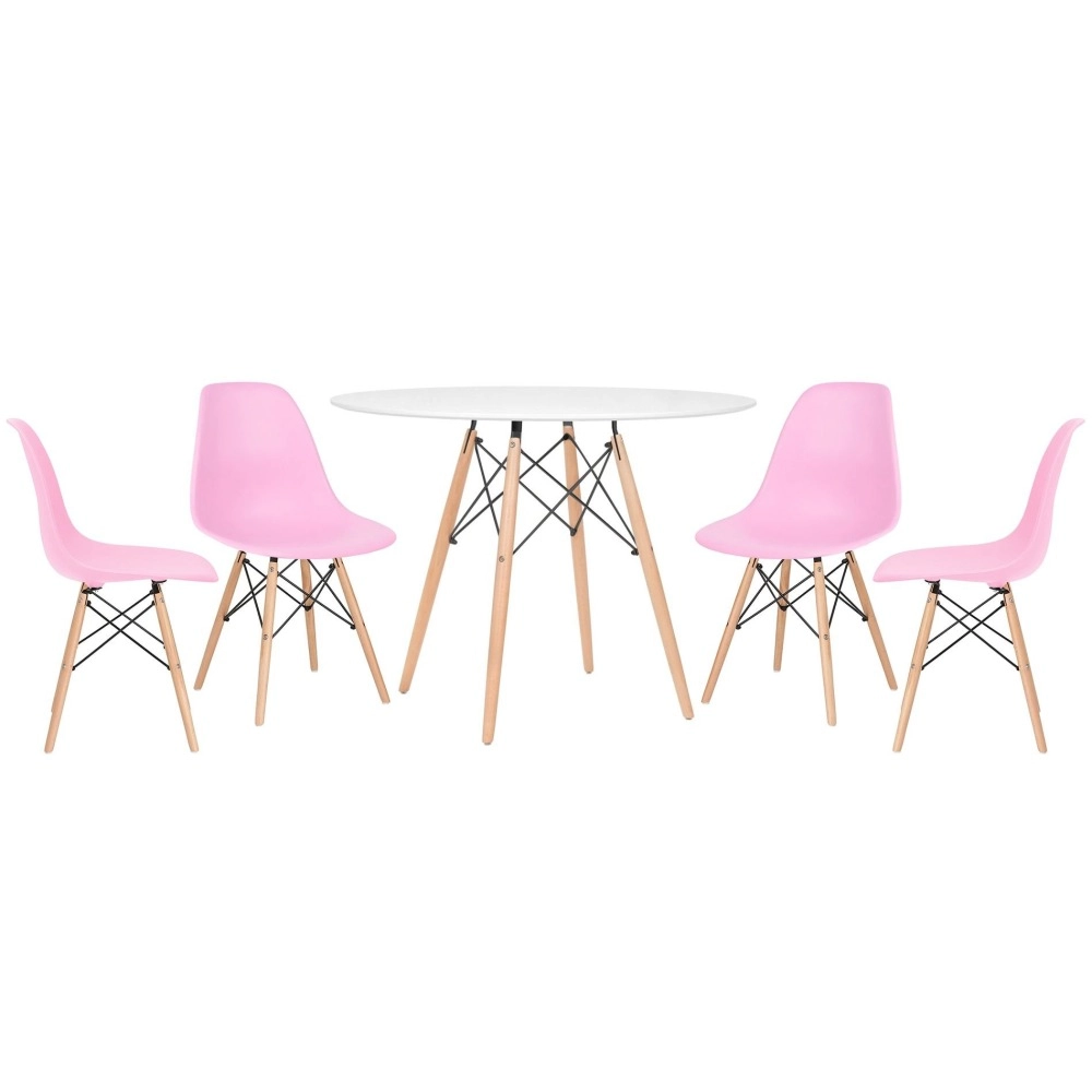Mesa redonda Eames 100 cm branco + 4 cadeiras Eiffel DSW - Rosa claro Mesa redonda Eames 100 cm branco + 4 cadeiras Eiffel DSW - Rosa claro