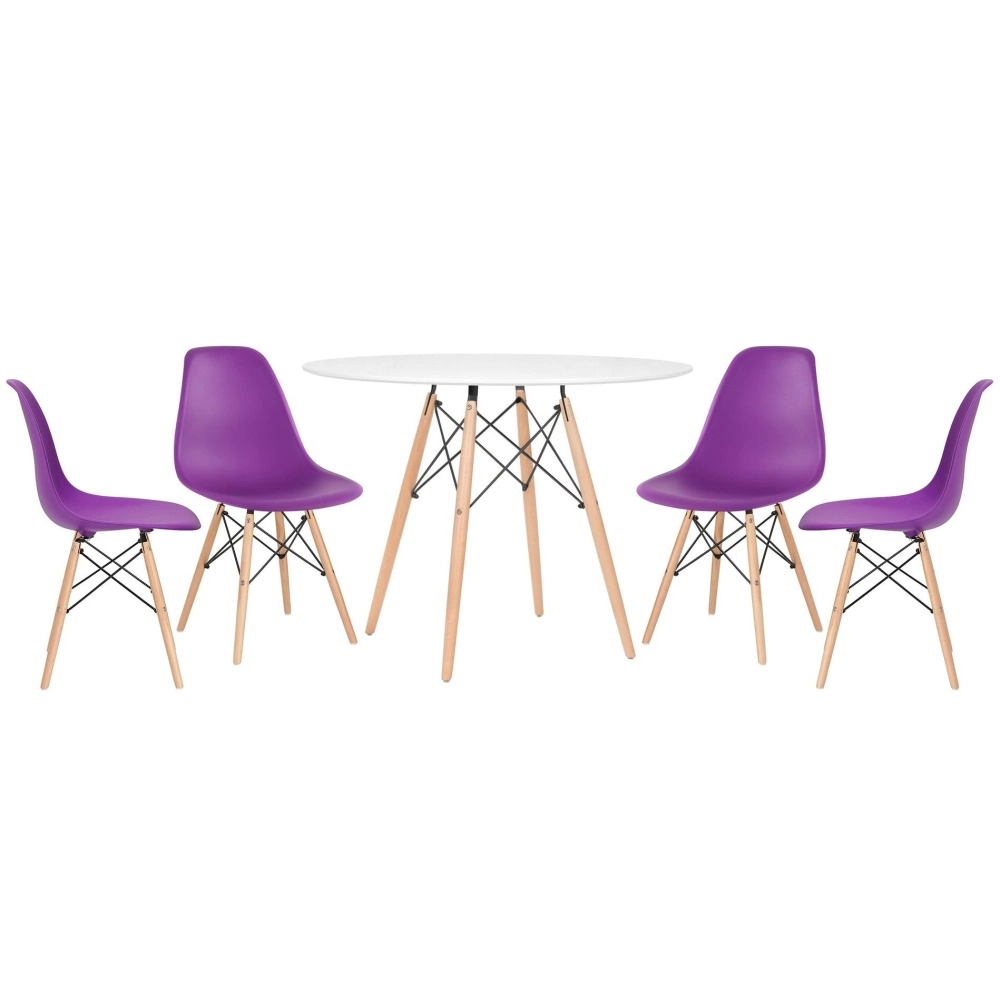 Mesa redonda Eames 100 cm branco + 4 cadeiras Eiffel DSW - Roxo Mesa redonda Eames 100 cm branco + 4 cadeiras Eiffel DSW - Roxo