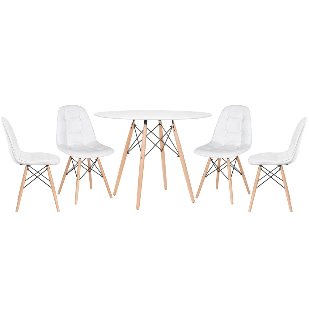 Mesa redonda Eames 100 cm branco + 4 cadeiras estofadas Eiffel Botonê - Branco Mesa redonda Eames 100 cm branco + 4 cadeiras estofadas Eiffel Botonê - Branco
