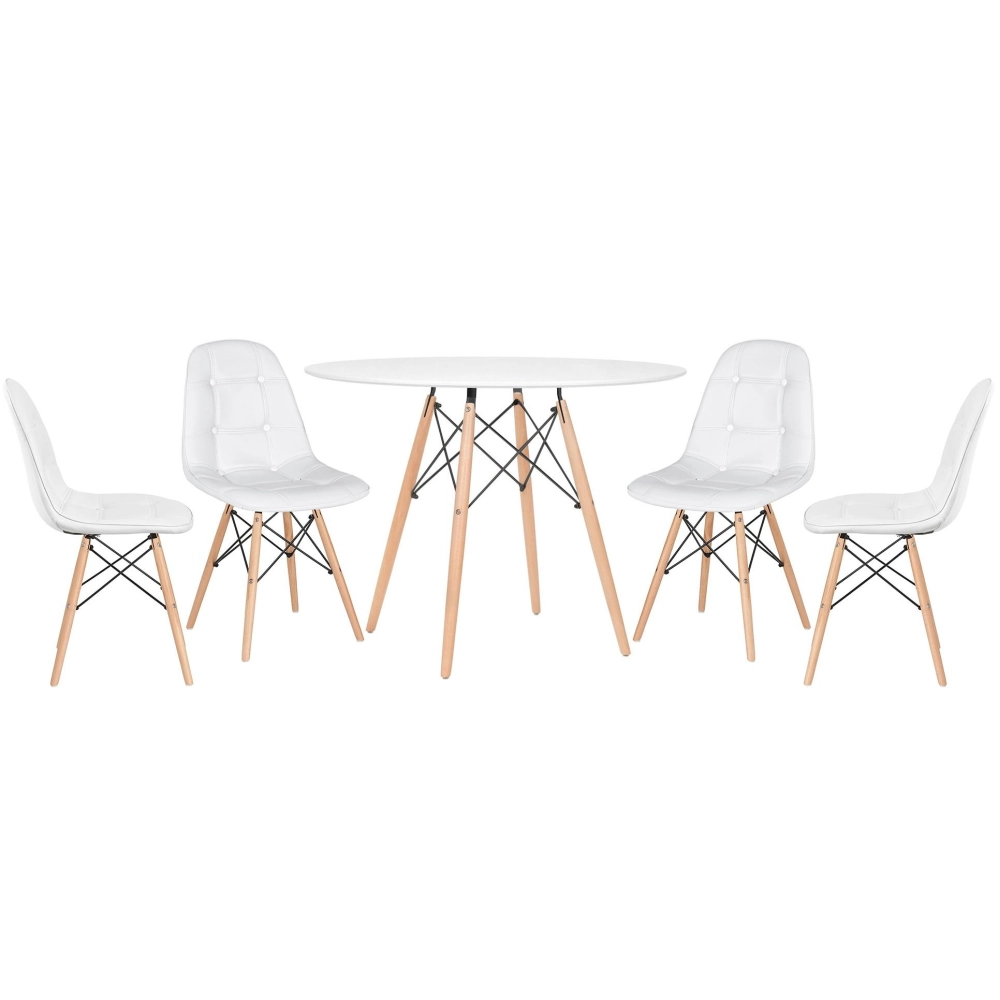 Mesa redonda Eames 100 cm branco + 4 cadeiras estofadas Eiffel Botonê - Branco Mesa redonda Eames 100 cm branco + 4 cadeiras estofadas Eiffel Botonê - Branco