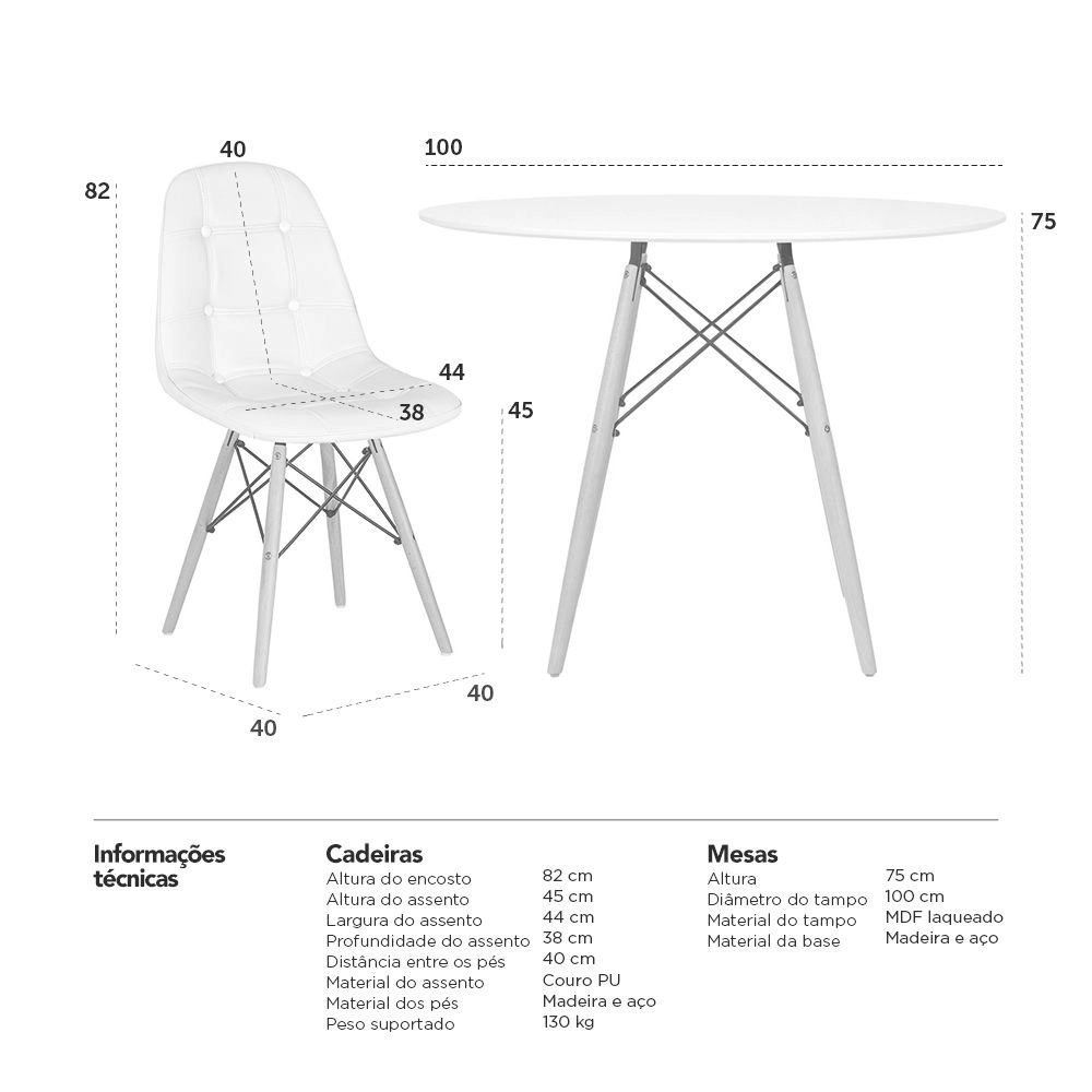 Mesa redonda Eames 100 cm branco + 4 cadeiras estofadas Eiffel Botonê - Branco Mesa redonda Eames 100 cm branco + 4 cadeiras estofadas Eiffel Botonê - Branco