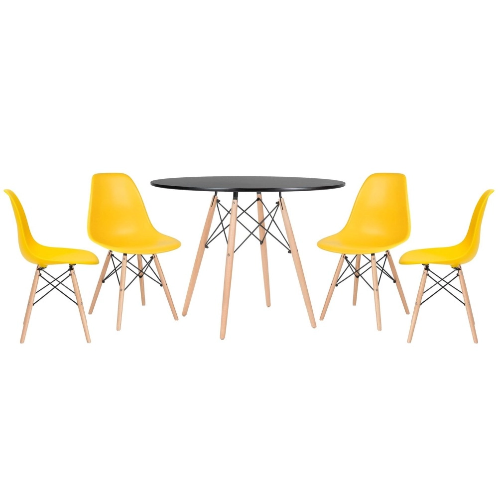 Mesa redonda Eames 100 cm preto + 4 cadeiras Eiffel DSW - Amarelo Mesa redonda Eames 100 cm preto + 4 cadeiras Eiffel DSW - Amarelo