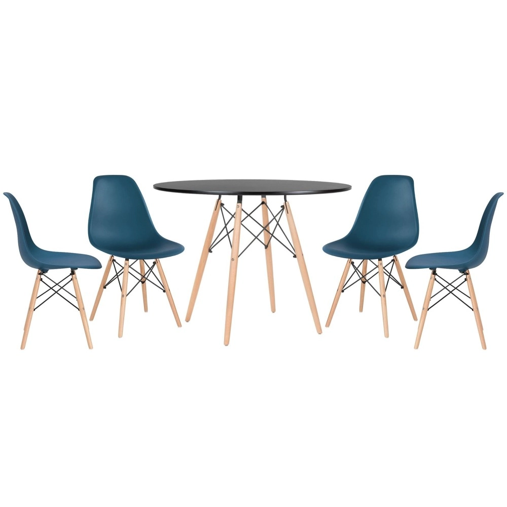 Mesa redonda Eames 100 cm preto + 4 cadeiras Eiffel DSW - Azul Petróleo Mesa redonda Eames 100 cm preto + 4 cadeiras Eiffel DSW - Azul Petróleo
