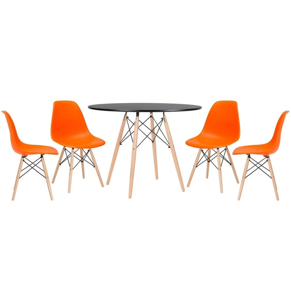 Mesa redonda Eames 100 cm preto + 4 cadeiras Eiffel DSW - Laranja Mesa redonda Eames 100 cm preto + 4 cadeiras Eiffel DSW - Laranja