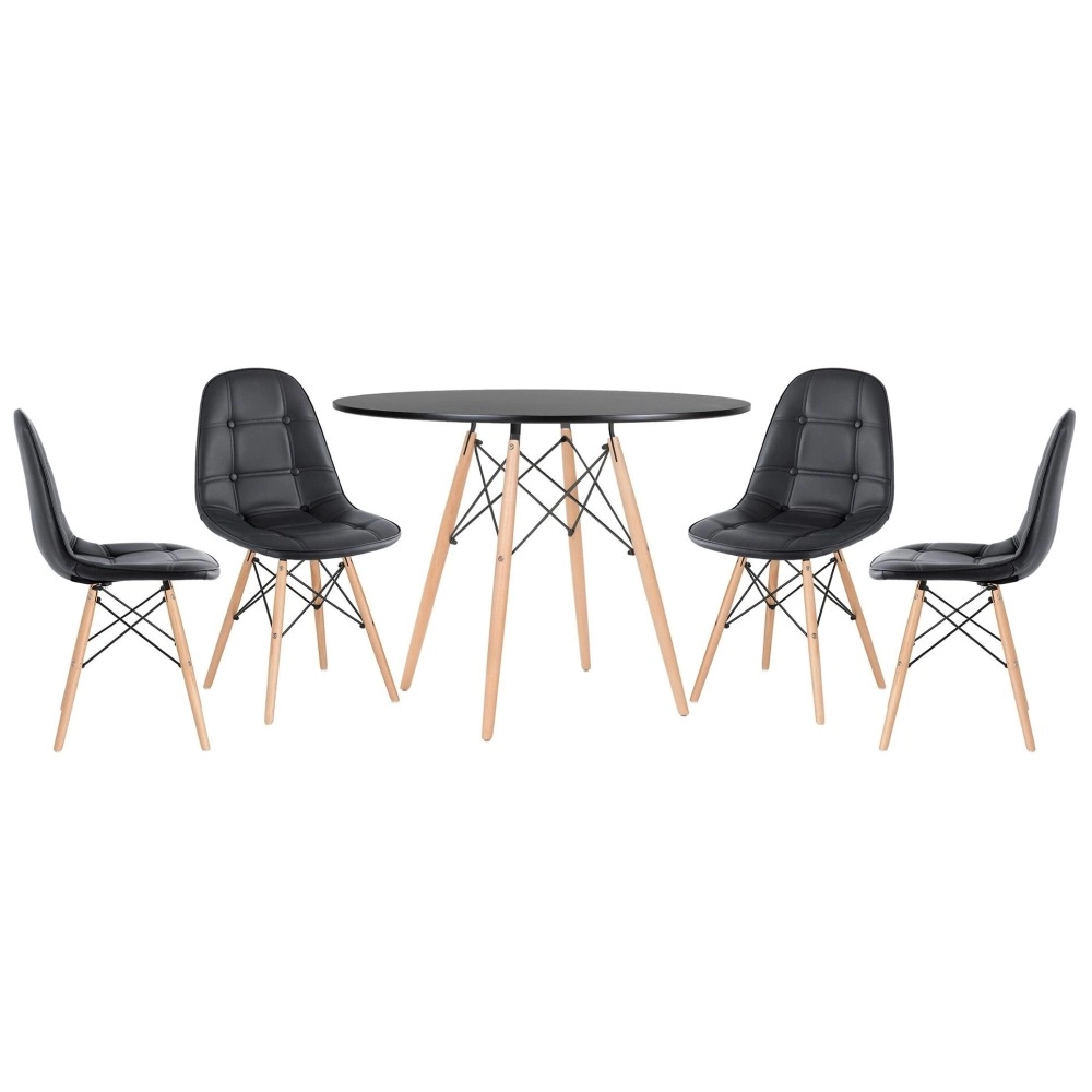Mesa redonda Eames 100 cm preto + 4 cadeiras estofadas Eiffel Botonê - Preto Mesa redonda Eames 100 cm preto + 4 cadeiras estofadas Eiffel Botonê - Preto