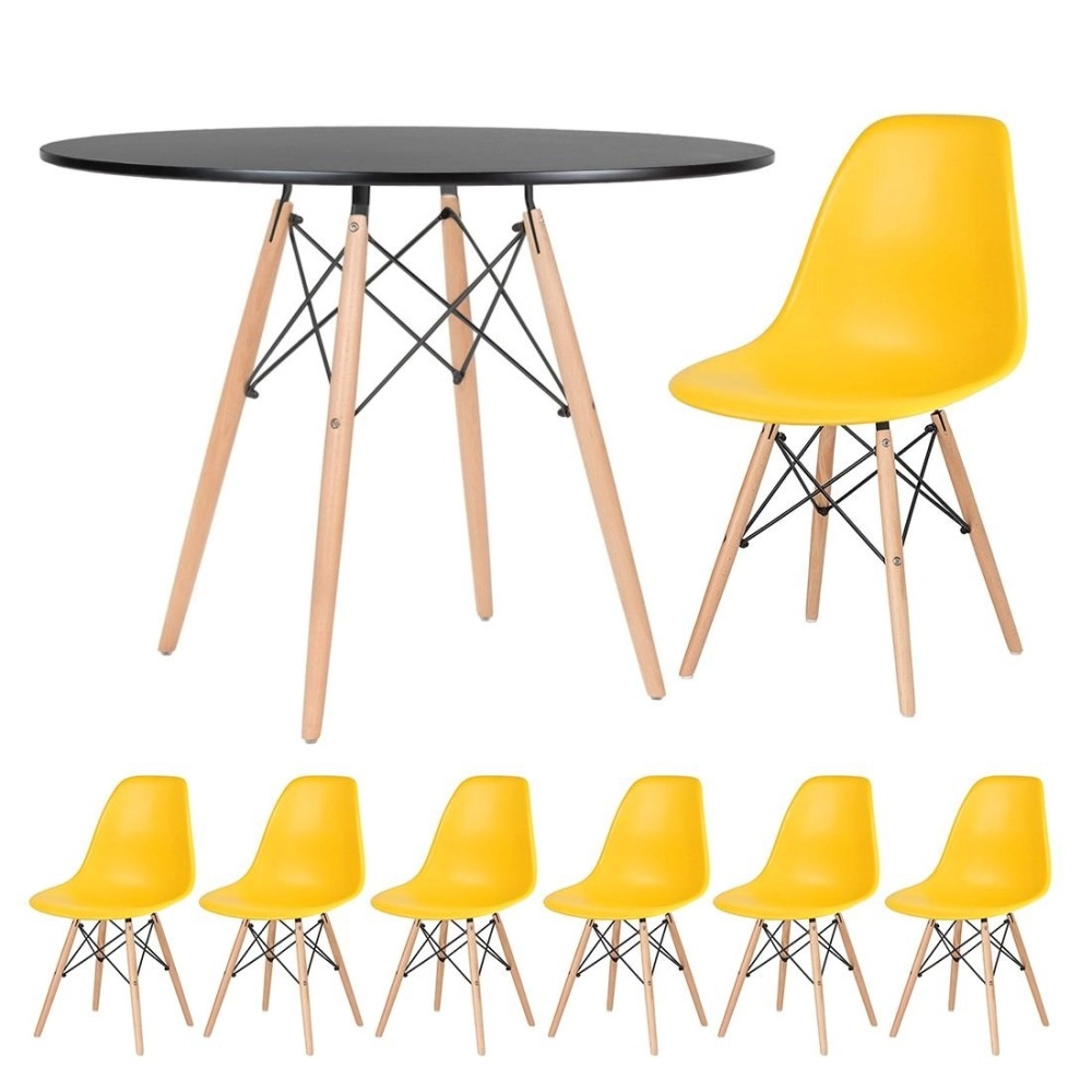 Mesa redonda Eames 100 cm preto + 6 cadeiras Eiffel Dsw Amarelo Mesa redonda Eames 100 cm preto + 6 cadeiras Eiffel Dsw Amarelo