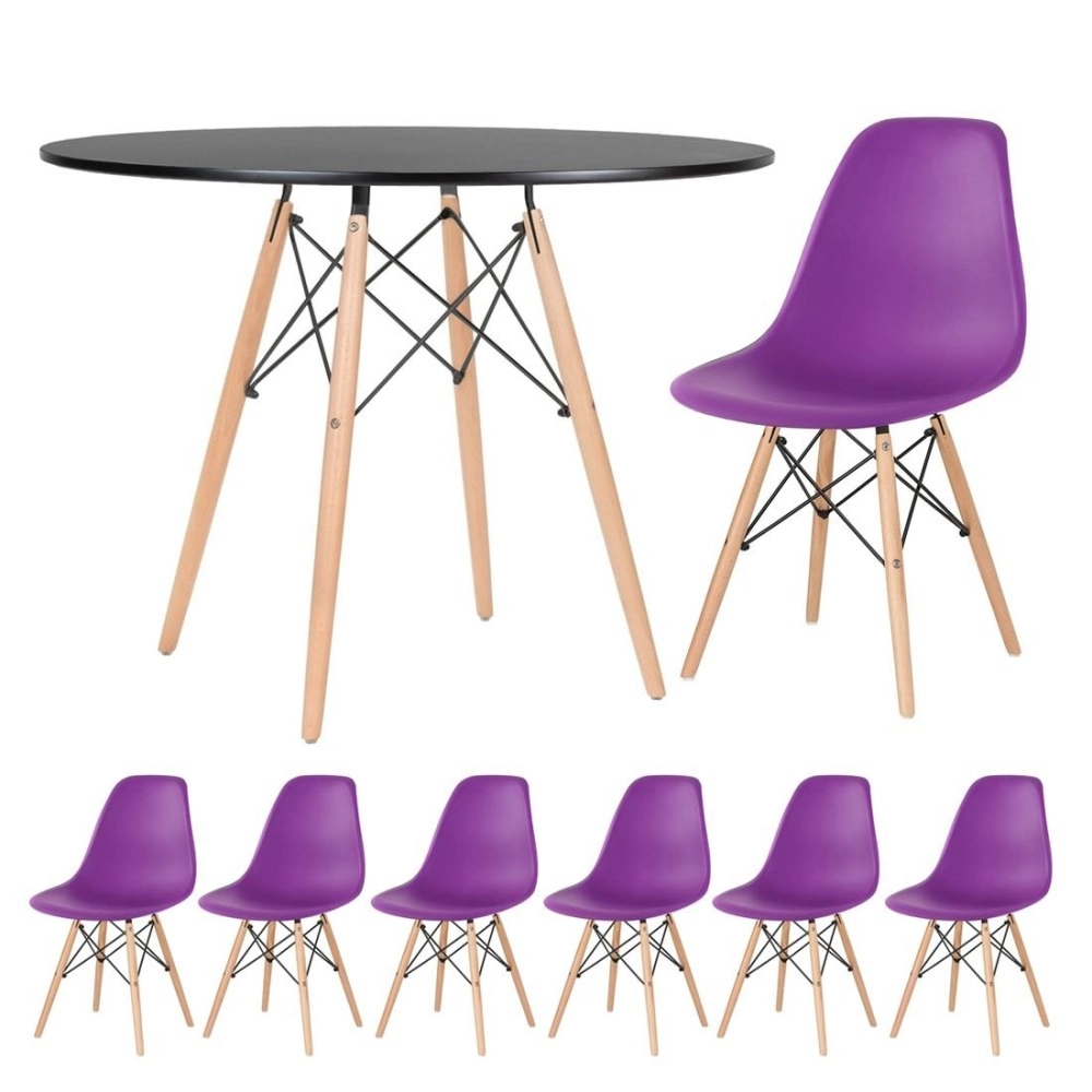 Mesa redonda Eames 100 cm preto + 6 cadeiras Eiffel DSW Roxo Mesa redonda Eames 100 cm preto + 6 cadeiras Eiffel DSW Roxo