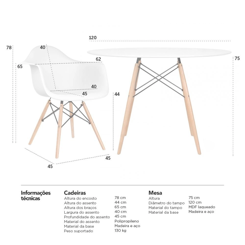 Mesa redonda Eames 120 cm + 4 cadeiras Eames DAW - Branco Mesa redonda Eames 120 cm + 4 cadeiras Eames DAW - Branco