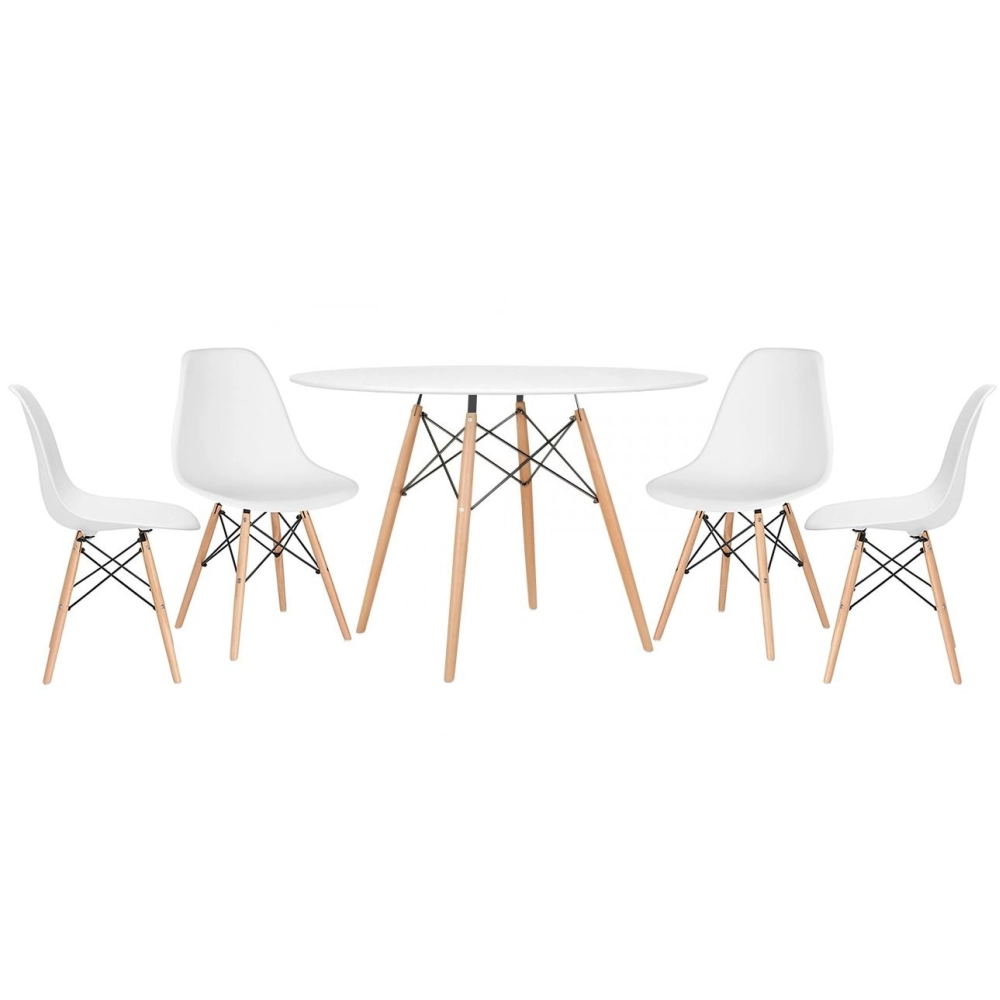 Mesa redonda Eames 120 cm + 4 cadeiras Eames DSW - Branco Mesa redonda Eames 120 cm + 4 cadeiras Eames DSW - Branco