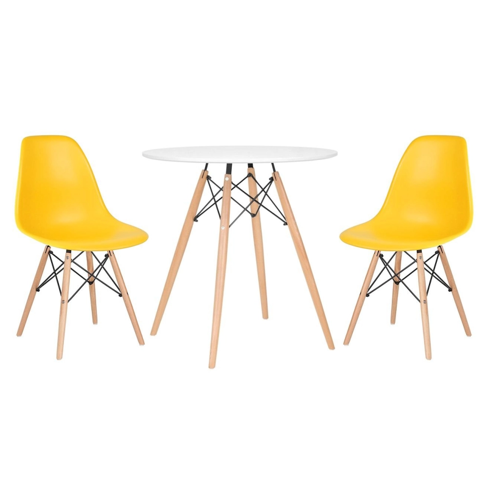 Mesa redonda Eames 70 cm + 2 cadeiras Eiffel DSW - Amarelo Mesa redonda Eames 70 cm + 2 cadeiras Eiffel DSW - Amarelo