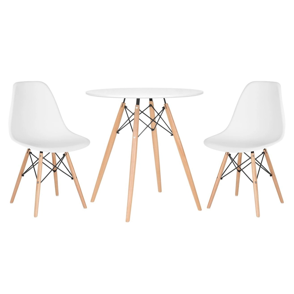 Mesa redonda Eames 70 cm + 2 cadeiras Eiffel DSW - Branco Mesa redonda Eames 70 cm + 2 cadeiras Eiffel DSW - Branco
