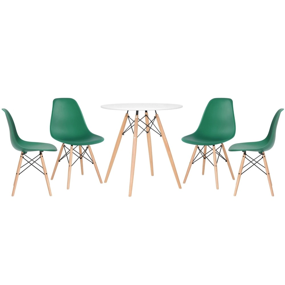 Mesa redonda Eames 70 cm branco + 4 cadeiras Eiffel DSW Verde escuro Mesa redonda Eames 70 cm branco + 4 cadeiras Eiffel DSW Verde escuro