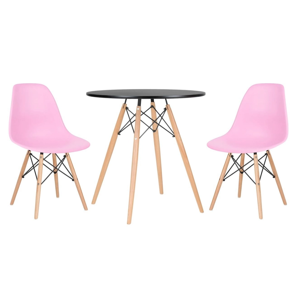 Mesa redonda Eames 70 cm preto + 2 cadeiras Eiffel DSW - Rosa Mesa redonda Eames 70 cm preto + 2 cadeiras Eiffel DSW - Rosa