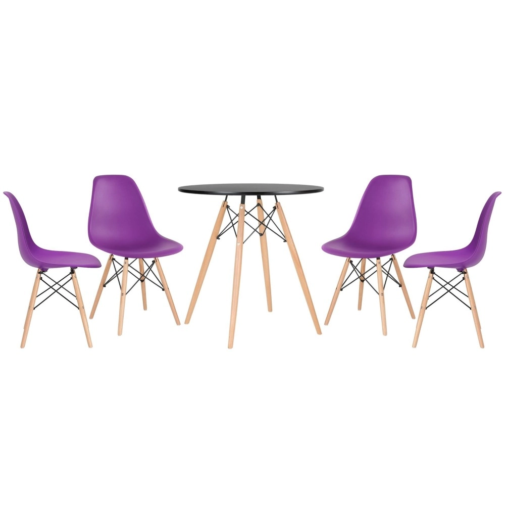 Mesa redonda Eames 70 cm preto + 4 cadeiras Eiffel DSW Roxo Mesa redonda Eames 70 cm preto + 4 cadeiras Eiffel DSW Roxo