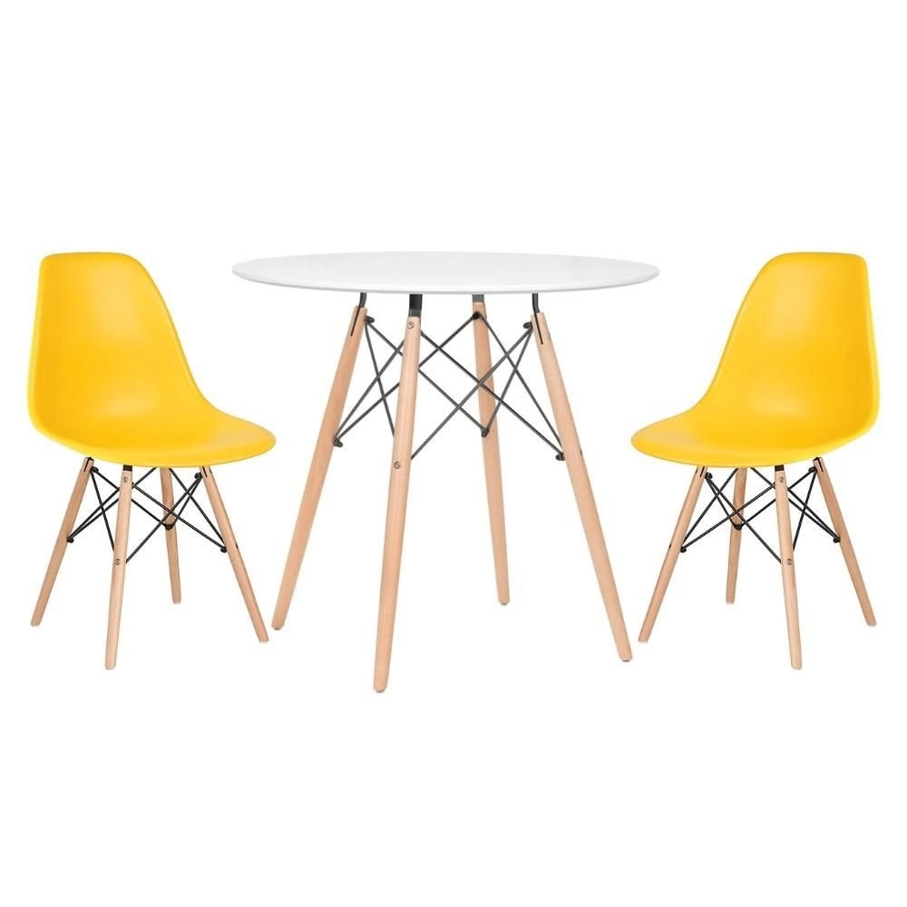 Mesa redonda Eames 80 cm + 2 cadeiras Eames Eiffel DSW - Amarelo Mesa redonda Eames 80 cm + 2 cadeiras Eames Eiffel DSW - Amarelo