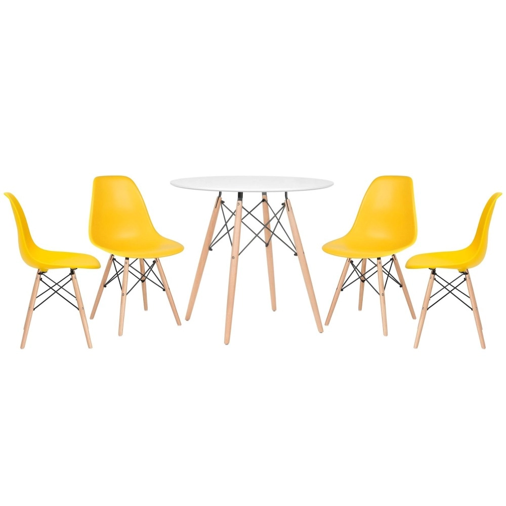 Mesa redonda Eames 80 cm + 4 cadeiras Eames Eiffel DSW - Amarelo Mesa redonda Eames 80 cm + 4 cadeiras Eames Eiffel DSW - Amarelo