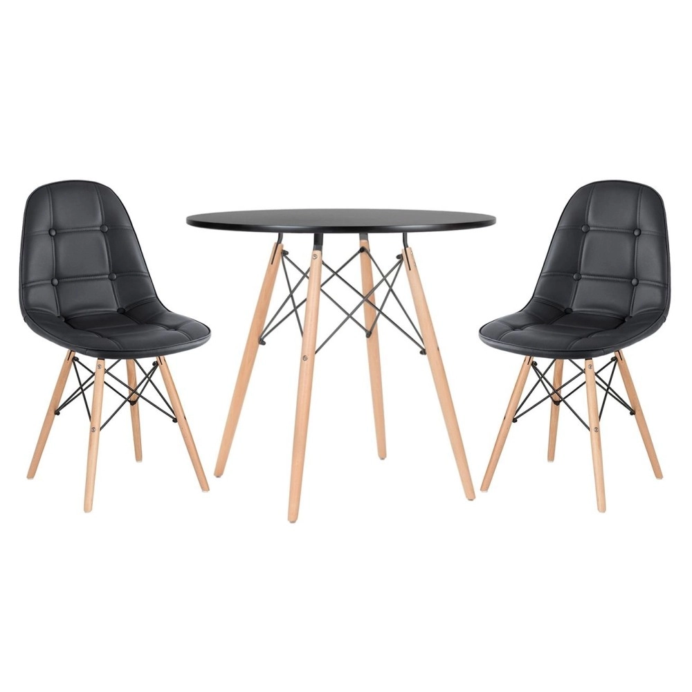 Mesa redonda Eames 80 cm preto + 2 cadeiras estofadas Eiffel Botonê Preto Mesa redonda Eames 80 cm preto + 2 cadeiras estofadas Eiffel Botonê Preto