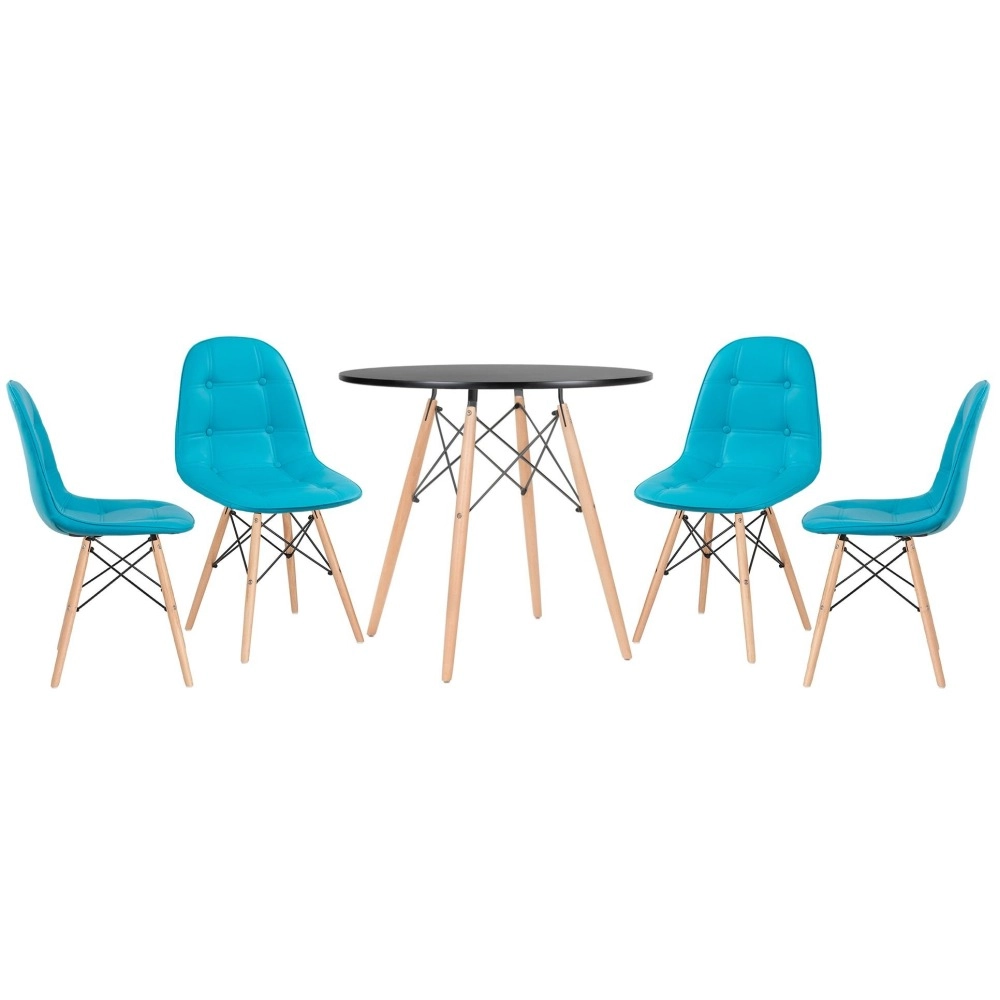 Mesa redonda Eames 80 cm preto + 4 cadeiras estofadas Eiffel Botonê Azul Piscina Mesa redonda Eames 80 cm preto + 4 cadeiras estofadas Eiffel Botonê Azul Piscina