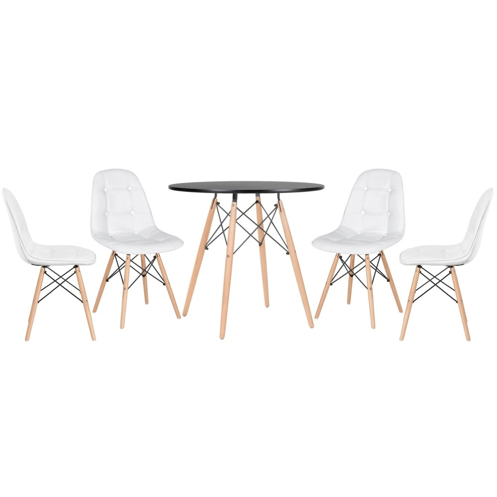 Mesa redonda Eames 80 cm preto + 4 cadeiras estofadas Eiffel Botonê Branco Mesa redonda Eames 80 cm preto + 4 cadeiras estofadas Eiffel Botonê Branco