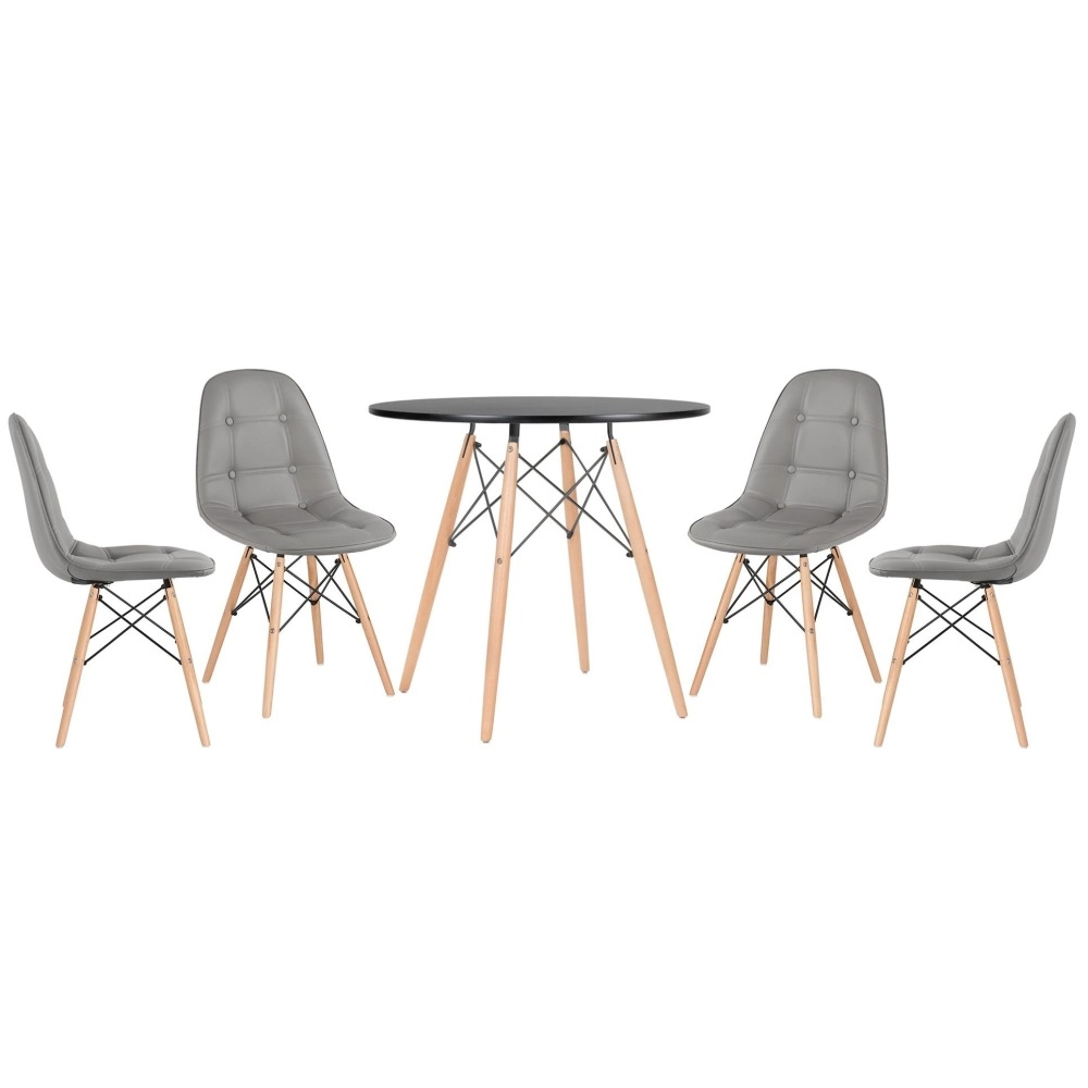 Mesa redonda Eames 80 cm preto + 4 cadeiras estofadas Eiffel Botonê Cinza escuro Mesa redonda Eames 80 cm preto + 4 cadeiras estofadas Eiffel Botonê Cinza escuro