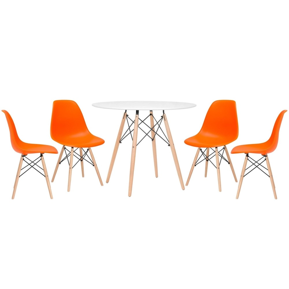 Mesa redonda Eames 90 cm branco + 4 cadeiras Eames Eiffel DSW - Laranja Mesa redonda Eames 90 cm branco + 4 cadeiras Eames Eiffel DSW - Laranja