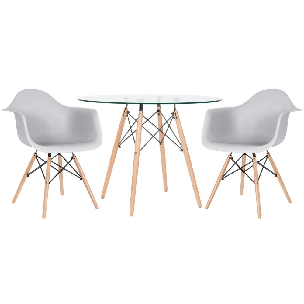 Mesa redonda Eames com tampo de vidro 100 cm + 2 cadeiras Eiffel DAW - Cinza Claro Mesa redonda Eames com tampo de vidro 100 cm + 2 cadeiras Eiffel DAW - Cinza Claro