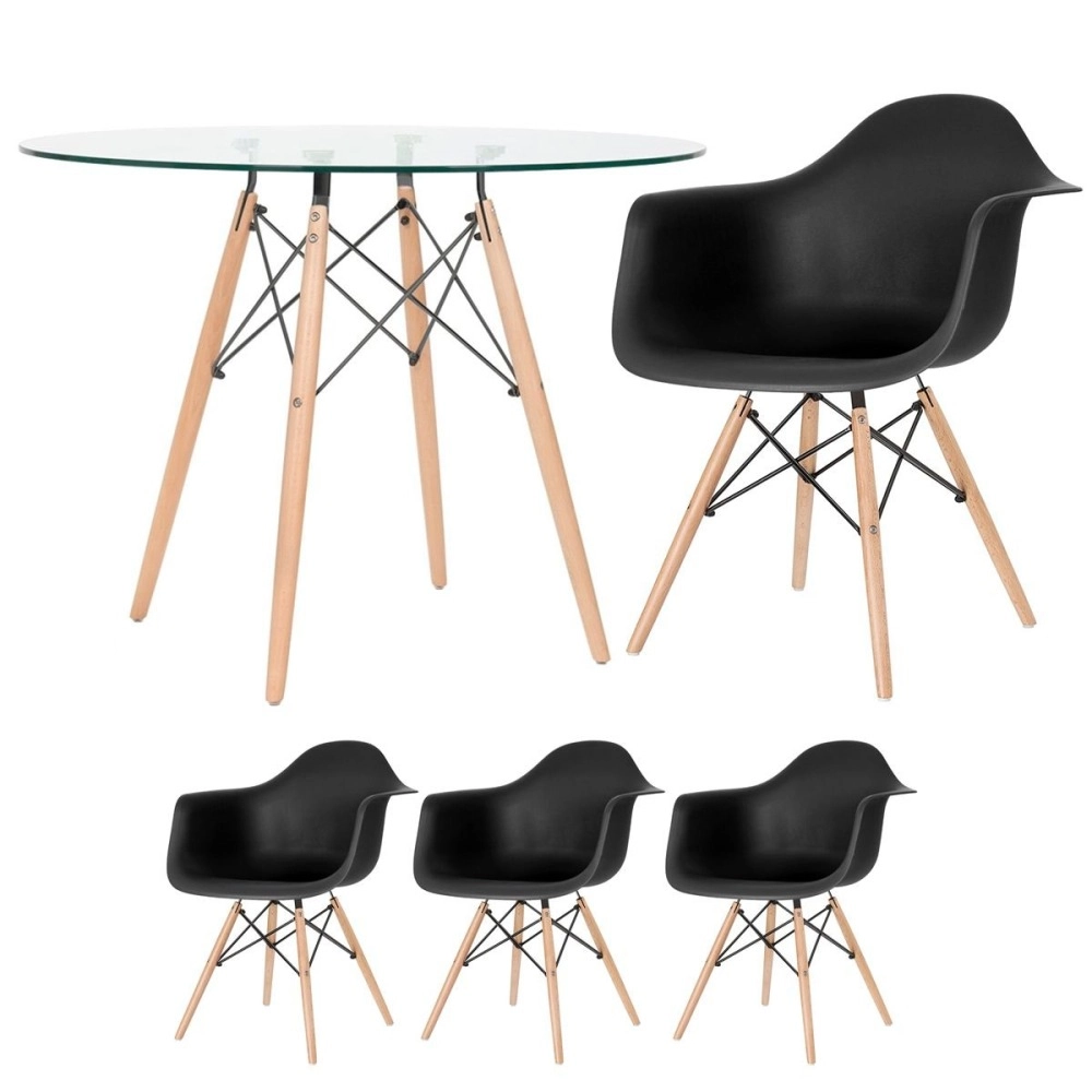 Mesa redonda Eames com tampo de vidro 100 cm + 3 cadeiras Eiffel DAW - Preto Mesa redonda Eames com tampo de vidro 100 cm + 3 cadeiras Eiffel DAW - Preto