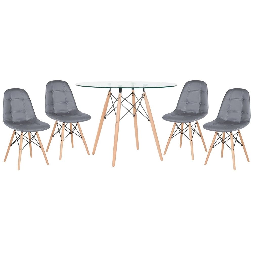 Mesa redonda Eames com tampo de vidro 100 cm + 4 cadeiras Eiffel Botonê - Cinza Escuro Mesa redonda Eames com tampo de vidro 100 cm + 4 cadeiras Eiffel Botonê - Cinza Escuro