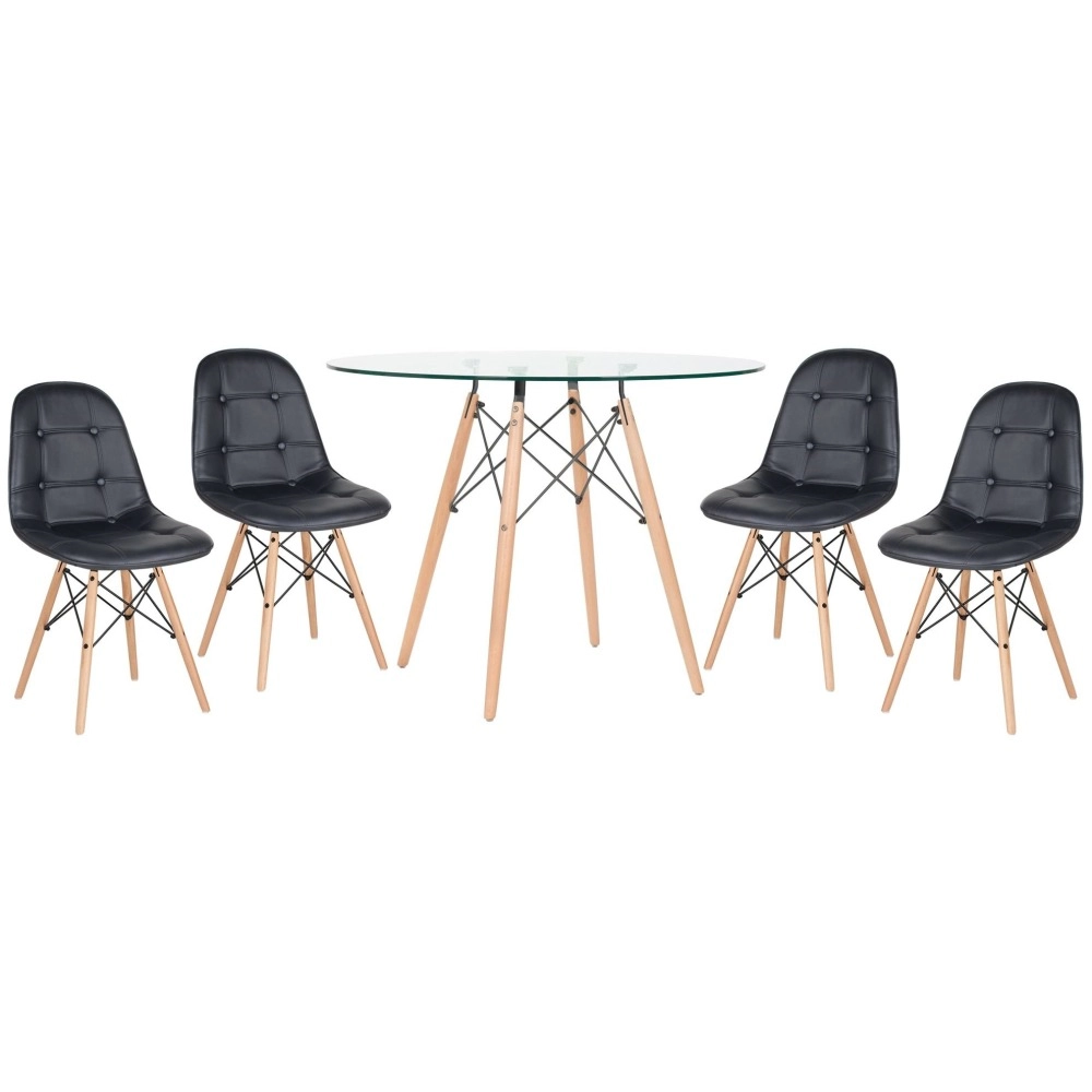 Mesa redonda Eames com tampo de vidro 100 cm + 4 cadeiras Eiffel Botonê - Preto Mesa redonda Eames com tampo de vidro 100 cm + 4 cadeiras Eiffel Botonê - Preto