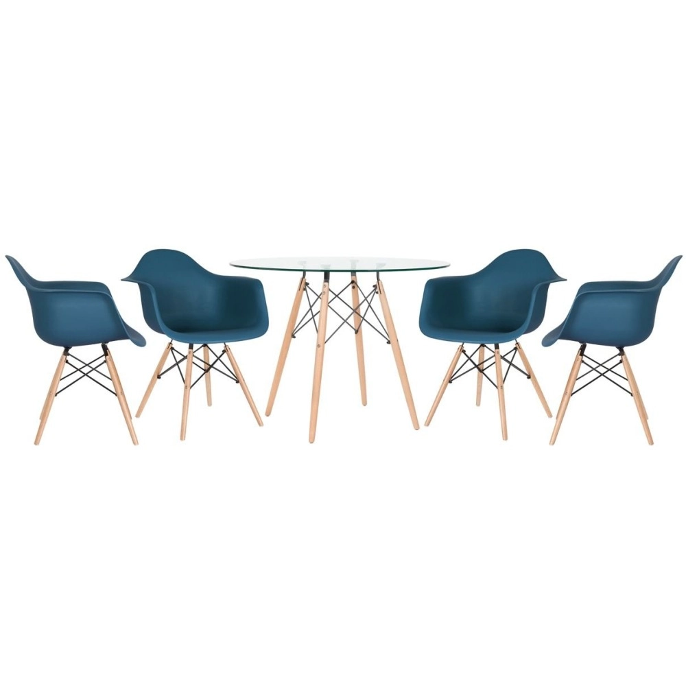 Mesa redonda Eames com tampo de vidro 100 cm + 4 cadeiras Eiffel DAW - Azul Petróleo Mesa redonda Eames com tampo de vidro 100 cm + 4 cadeiras Eiffel DAW - Azul Petróleo