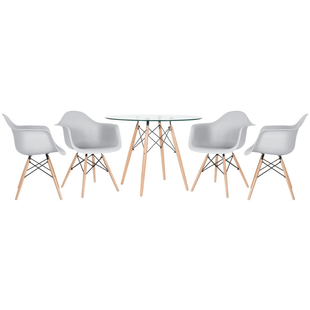 Mesa redonda Eames com tampo de vidro 100 cm + 4 cadeiras Eiffel DAW - Cinza Claro