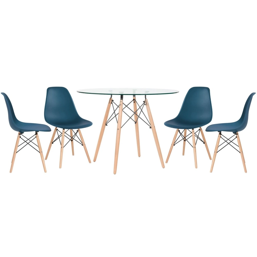 Mesa redonda Eames com tampo de vidro 100 cm + 4 cadeiras Eiffel DSW - Azul Petróleo