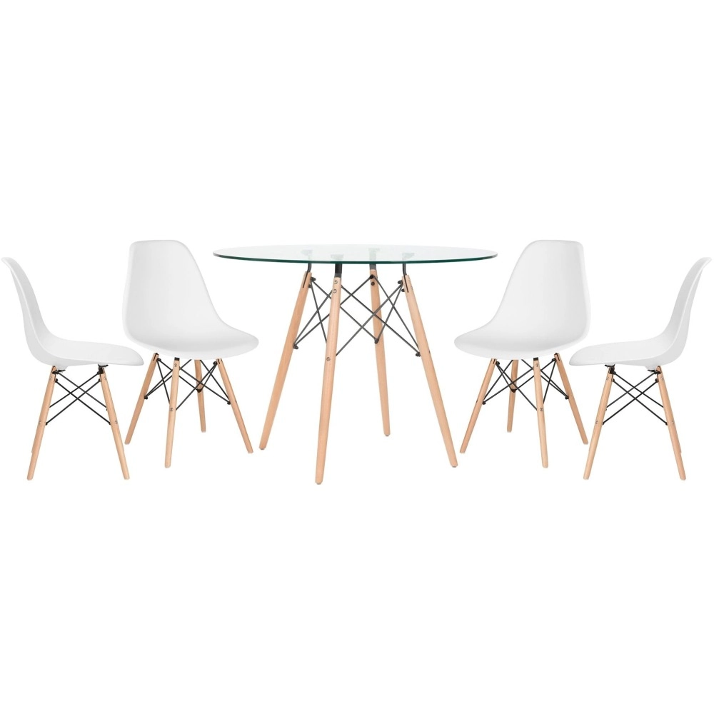 Mesa redonda Eames com tampo de vidro 100 cm + 4 cadeiras Eiffel DSW - Branco Mesa redonda Eames com tampo de vidro 100 cm + 4 cadeiras Eiffel DSW - Branco