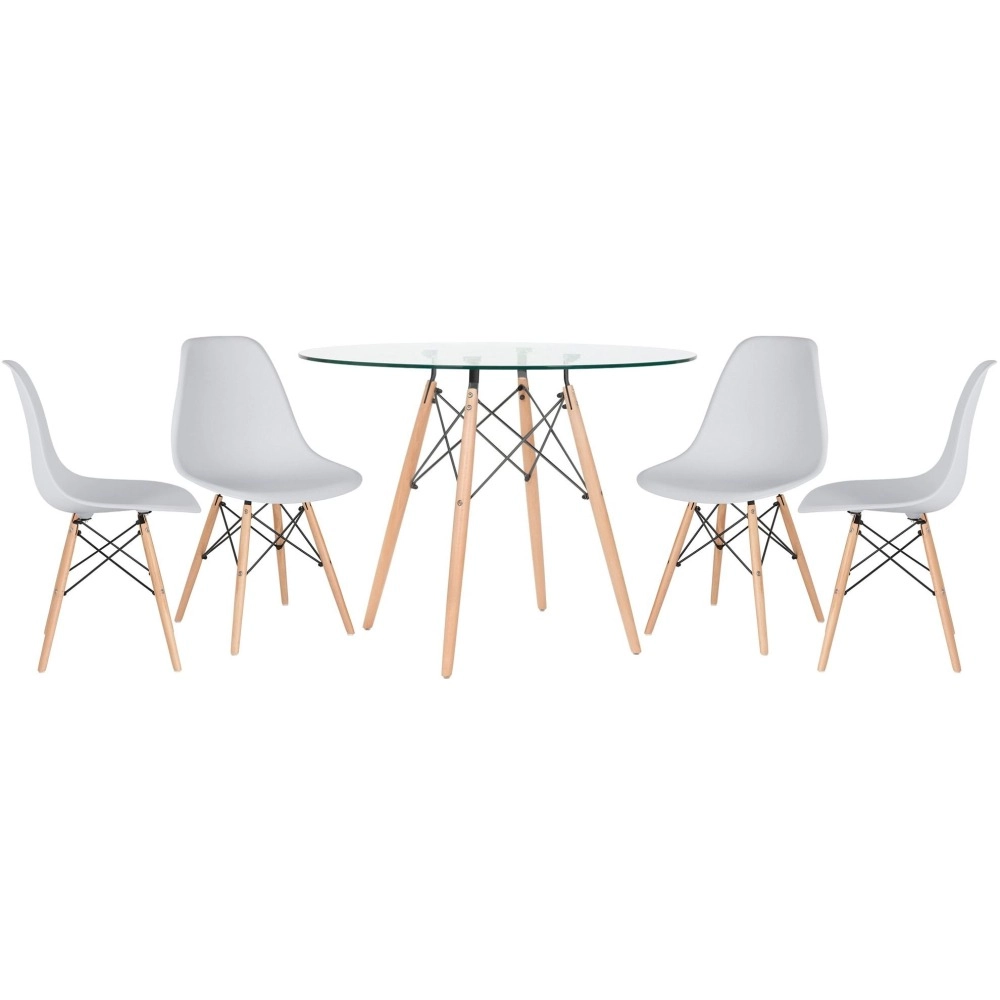 Mesa redonda Eames com tampo de vidro 100 cm + 4 cadeiras Eiffel DSW - Cinza Claro