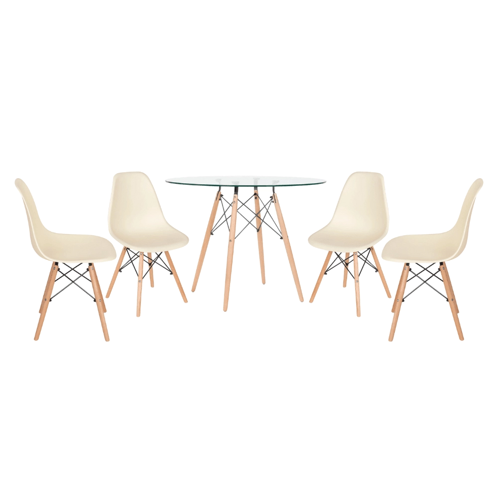 Mesa redonda Eames com tampo de vidro 100 cm + 4 cadeiras Eiffel DSW - Creme Mesa redonda Eames com tampo de vidro 100 cm + 4 cadeiras Eiffel DSW - Creme
